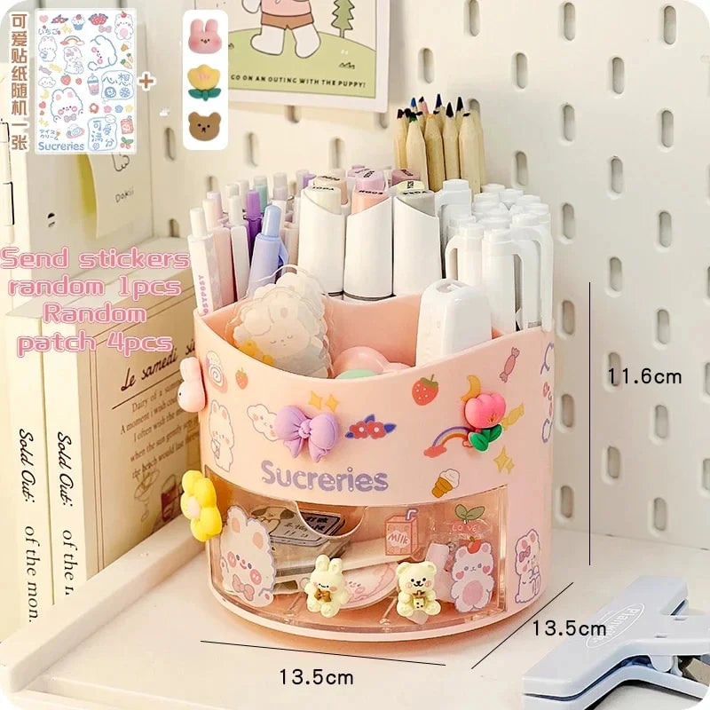 Rotating Desktop Pen Holder with Drawer - Kawaii Stationery Organizer