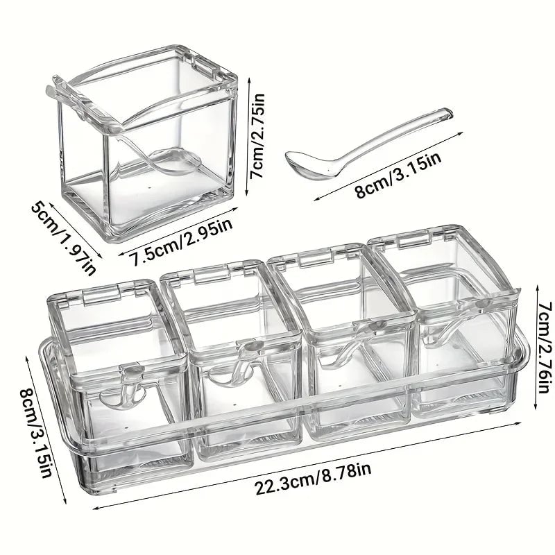4-Compartment Transparent Seasoning Box with Spoon Lid Storage Base