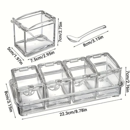 4-Compartment Transparent Seasoning Box with Spoon Lid Storage Base