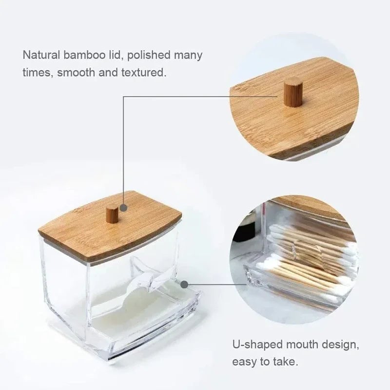 Transparent Cotton Swab Storage Box with Bamboo Lid Double Organizer