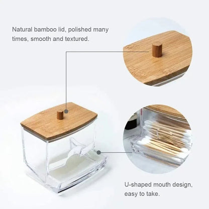 Transparent Cotton Swab Storage Box with Bamboo Lid Double Organizer