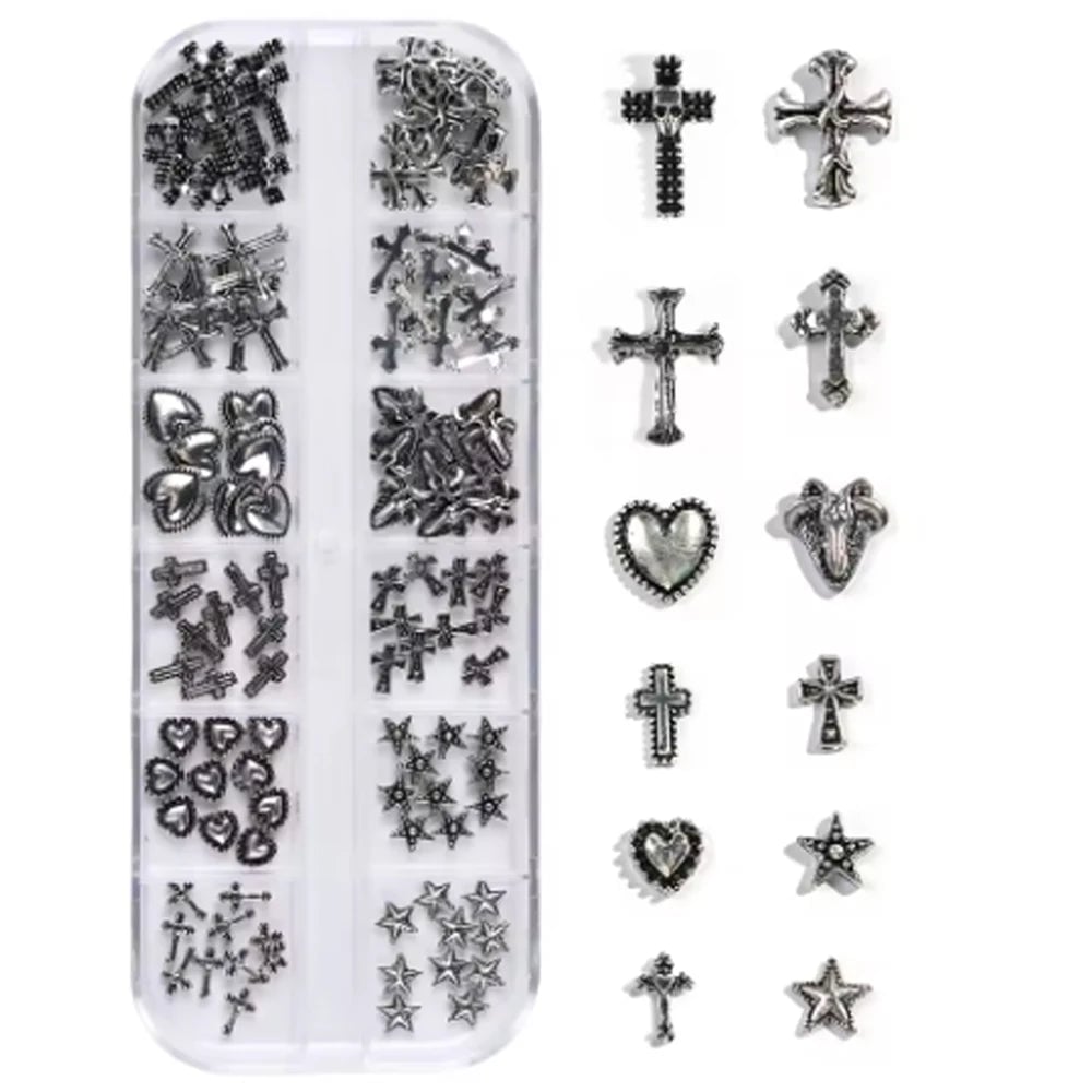 120pc Dark Vintage Cross Heart Metal Nail Art Patches Y2K Gothic Style