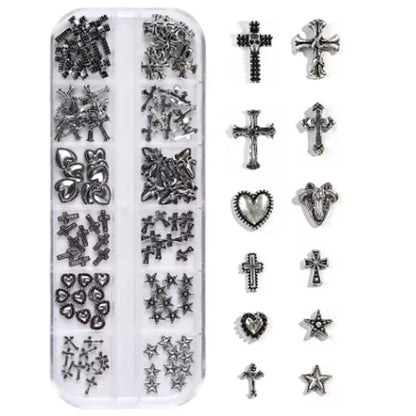 120pc Dark Vintage Cross Heart Metal Nail Art Patches Y2K Gothic Style