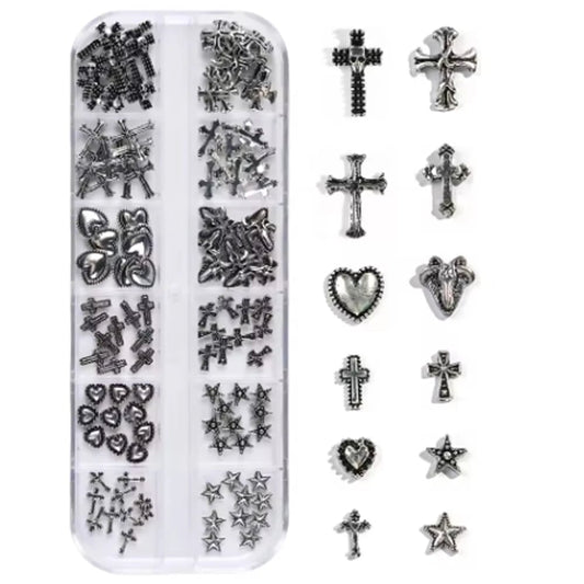 120pc Dark Vintage Cross Heart Metal Nail Art Patches Y2K Gothic Style