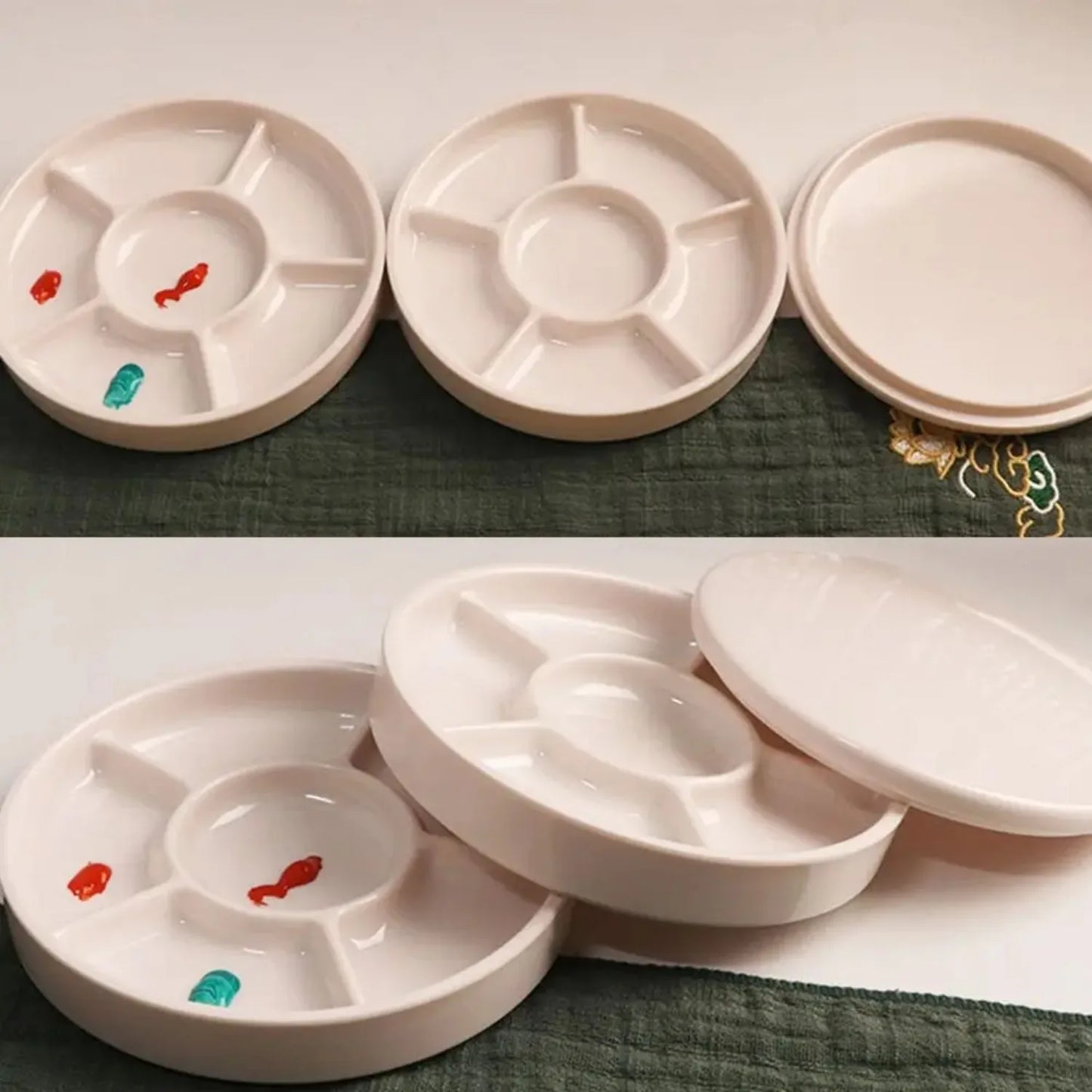 Imitation Porcelain Round Paint Palette with Lid - White Acrylic Tray