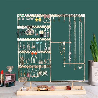 Metal Jewelry Organizer Stand with Wooden Tray - Multi-Functional