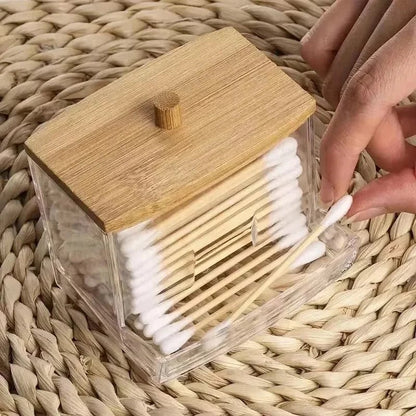 Transparent Cotton Swab Storage Box with Bamboo Lid Double Organizer