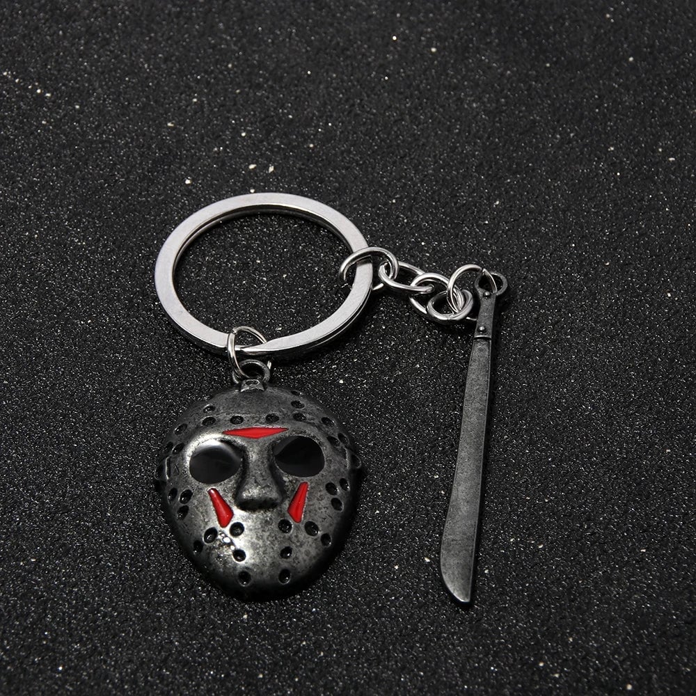 Horror Movie Hockey Mask Machete Metal Keychain - Halloween Cosplay