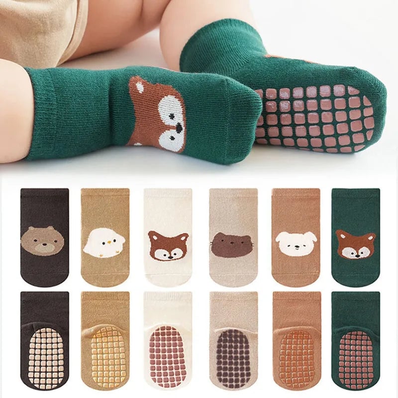 Kids Non-Slip Socks 6-Pack Fox Bear Pattern Toddler Floor Socks