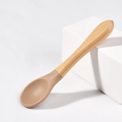 BPA Free Silicone Baby Spoon Fork Set - Wooden Handle Feeding
