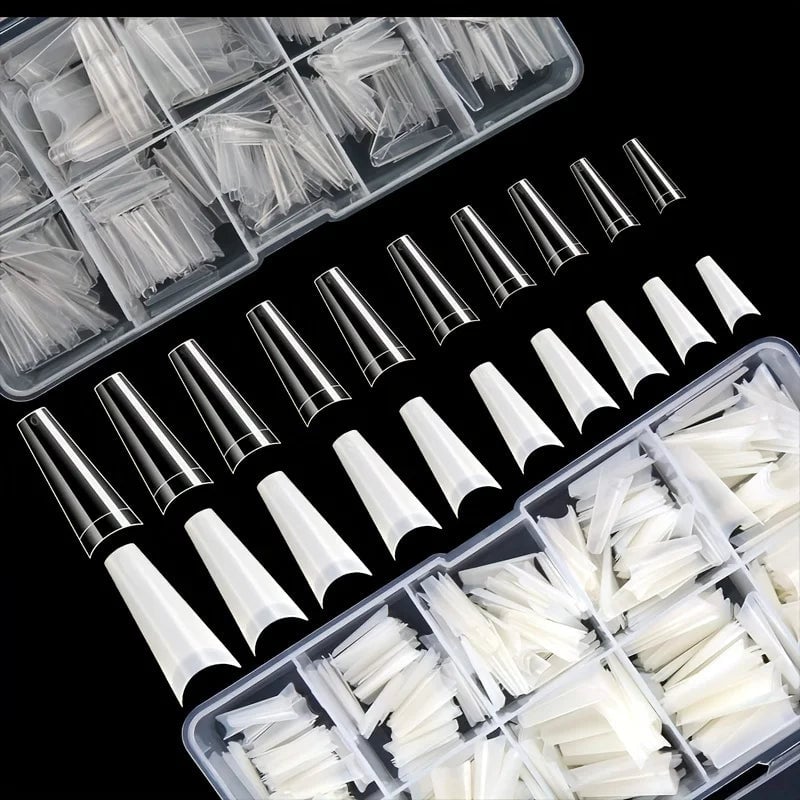 500Pcs French Coffin Nail Tips Acrylic Clear 10 Sizes Storage Box