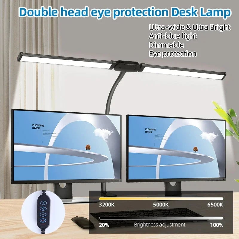 LED Clamp Desk Lamp Dimmable Double Head Eye-Care Office Reading
