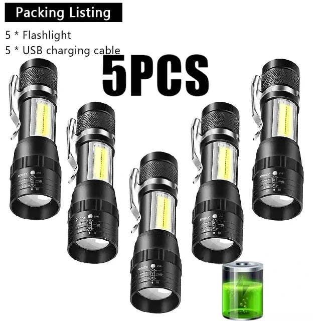 USB Rechargeable Mini Flashlight COB+XPE LED 3-Mode Zoomable Torch