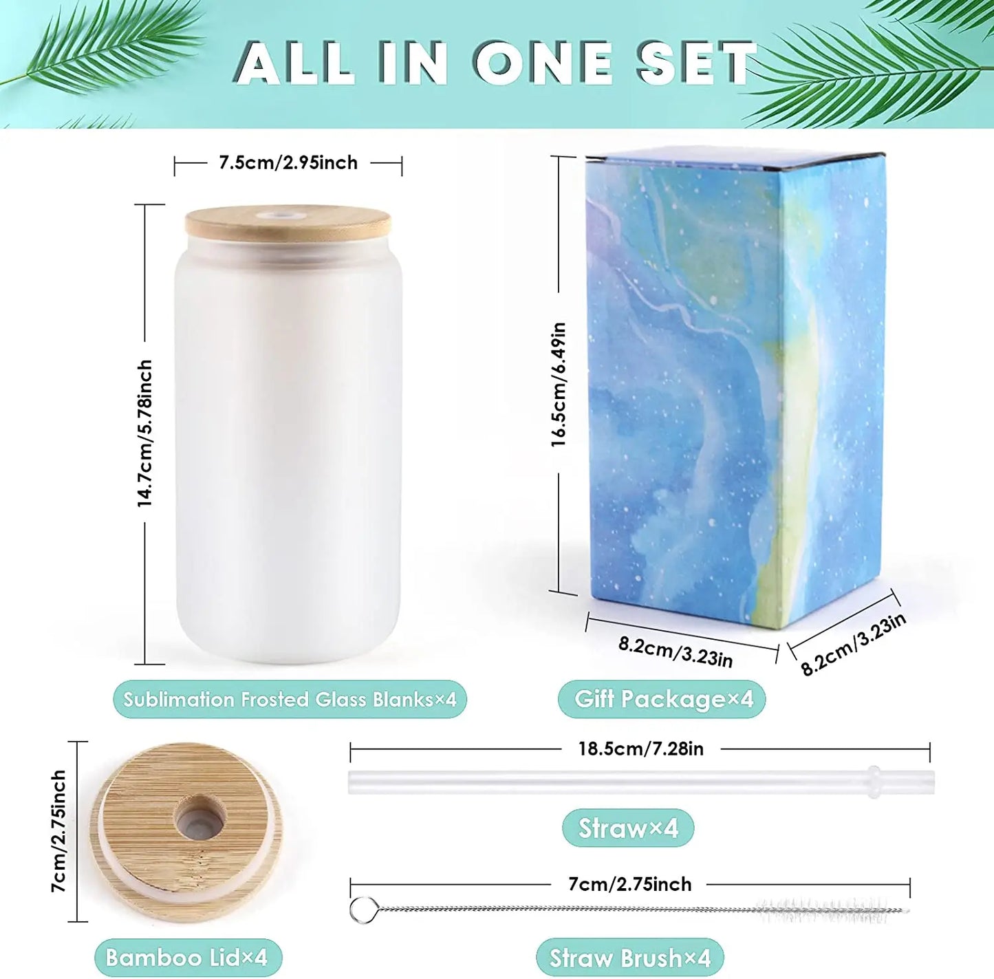 16OZ Glass Sublimation Tumblers 4/8 Pack Clear/Frosted Bamboo Lid