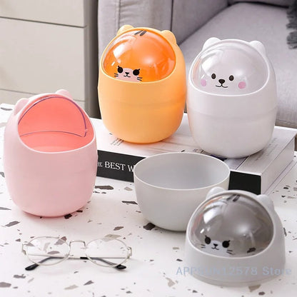 Desktop Wastebasket with Lid | Cartoon Storage Bin | Makeup Organizer