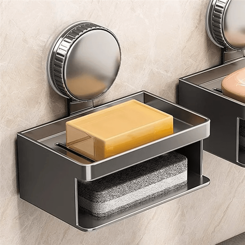 Wall-Mounted Aluminum Soap Dish with Suction Cup & Drain Rack