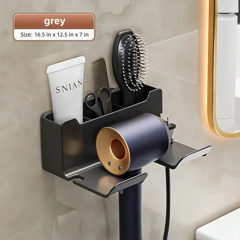 Wall Mount Hair Dryer Holder with Brush Storage Box Bathroom Organizer