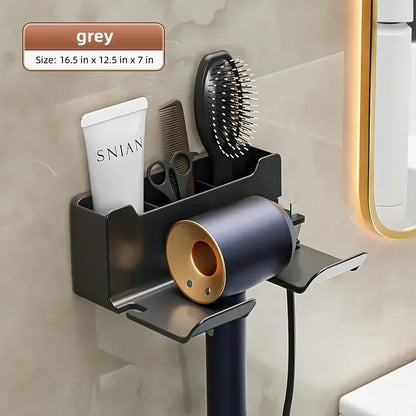 Wall Mount Hair Dryer Holder with Brush Storage Box Bathroom Organizer